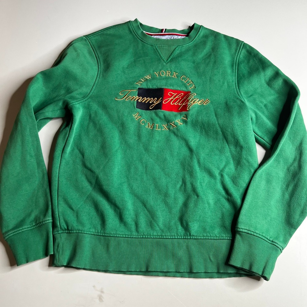 Tommy Hilfiger Mens Green Embroidered Logo Crewneck Sweatshirt NYC MCMLXXXV S